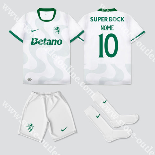 NOVO KIT CRIANÇA ALTERNATIVO BRANCO SPORTING CP 25/26 Camisola Futebol