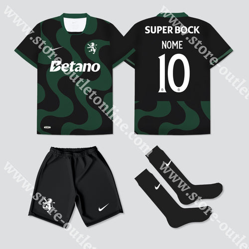 NOVO KIT CRIANÇA ALTERNATIVO PRETO SPORTING CP 25/26 Camisola Futebol